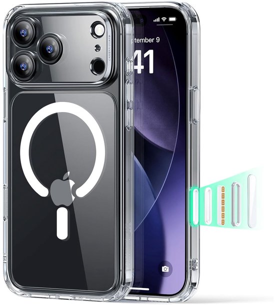 Transparante iPhone 17 Pro hoes met HaloLock magneetcirkel en Apple logo.