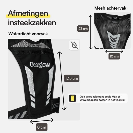 Afmetingen van het GearGlow hardloopvest: waterdicht voorvak 17.5x8 cm, mesh achtervak 23x10 cm.