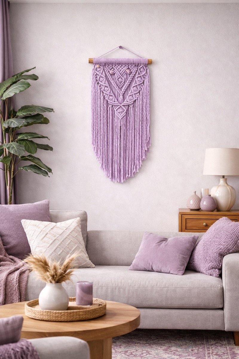 Macramé Wanddecoratie Paars met Houten Stok, Handgemaakte Boho Wandhanger voor Woonkamer en Slaapkamer, Decoratieve Muurdecoratie van Katoen, Interieur Accessoire in Pastel Lila - 194