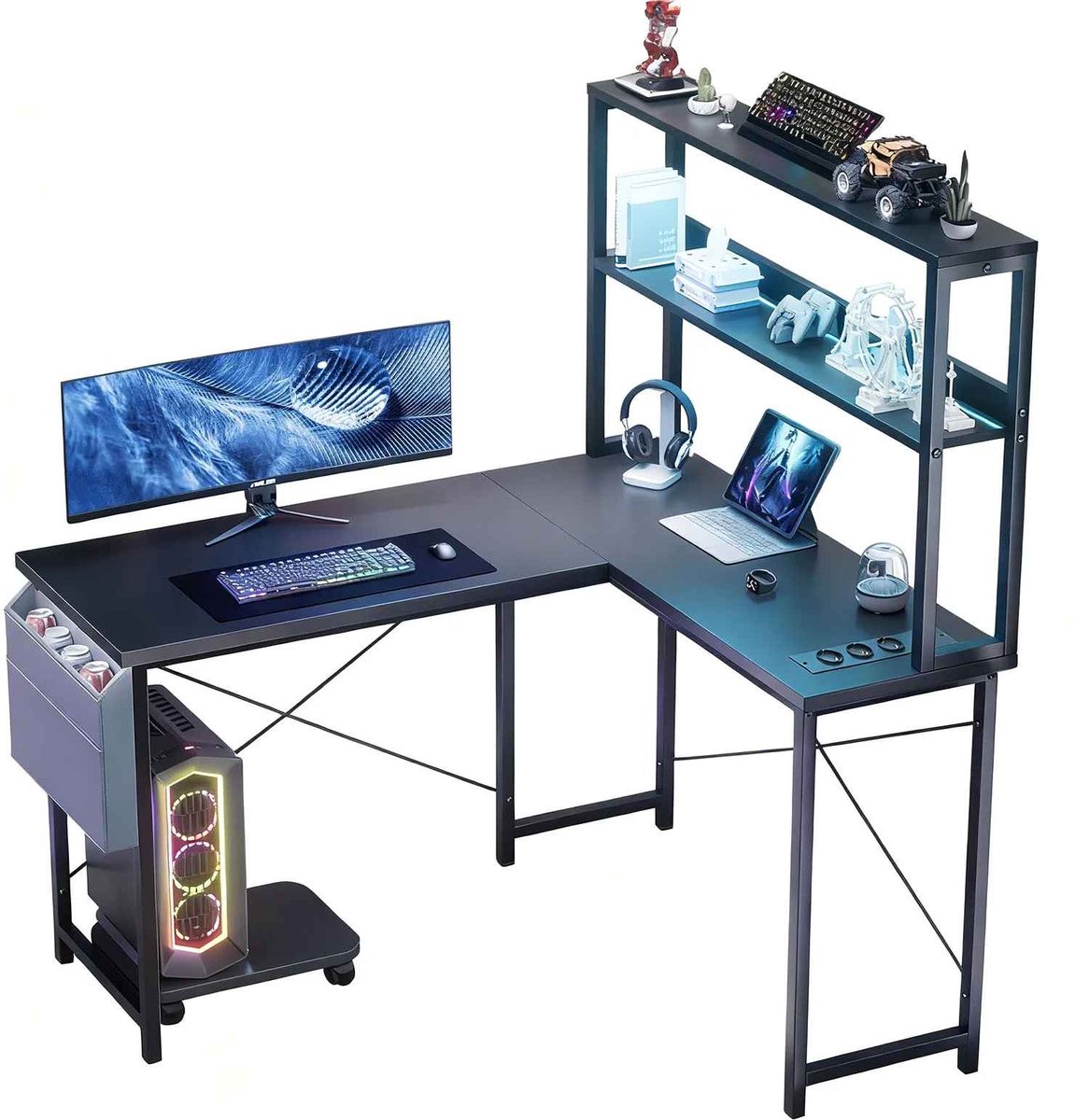 Bureau - L-vormig gamingbureau - RGB-ledverlichting Hoekbureau - Computertafel Geïntegreerd stopcontact - 148 cm