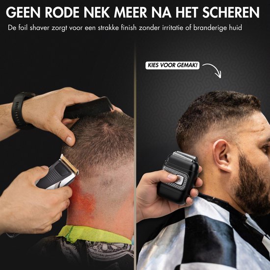 Links: scheerapparaat met roodheid op nek. Rechts: man scheert nek glad met zwart scheerapparaat.