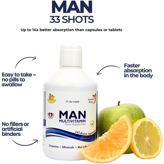 MAN MULTIVITAMIN, dagelijks supplement in een witte fles, naast een groene appel en citrusvruchten. Gemakkelijk in te nemen, geen pillen.