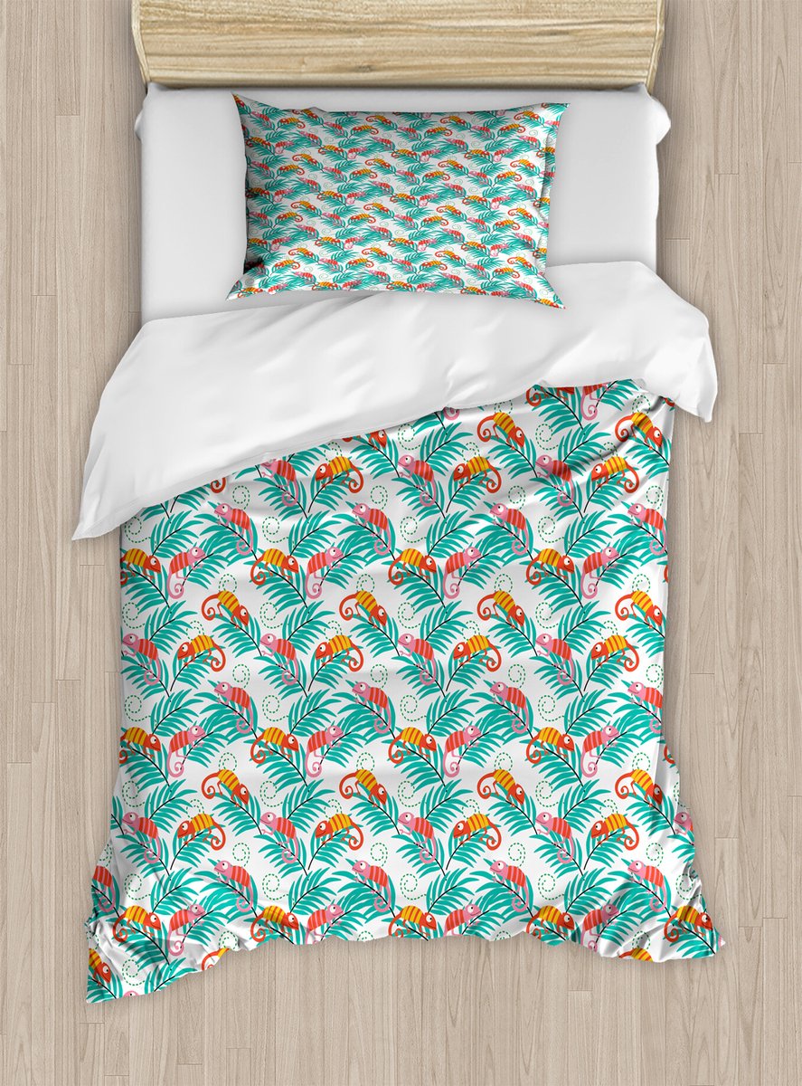 ABAKUHAUS Chameleon dekbedovertrekset voor eenpersoonsbedden, dier op een boomtak, inclusief kussensloop, 130 x 200 cm