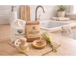 Duurzame Schoonmaakset Cadeau – Plasticvrij Keuken & Badkamer Set met Bamboe Borstel, Kokos Spons & Luffa – Zero Waste Huishouden – Eco Cadeau