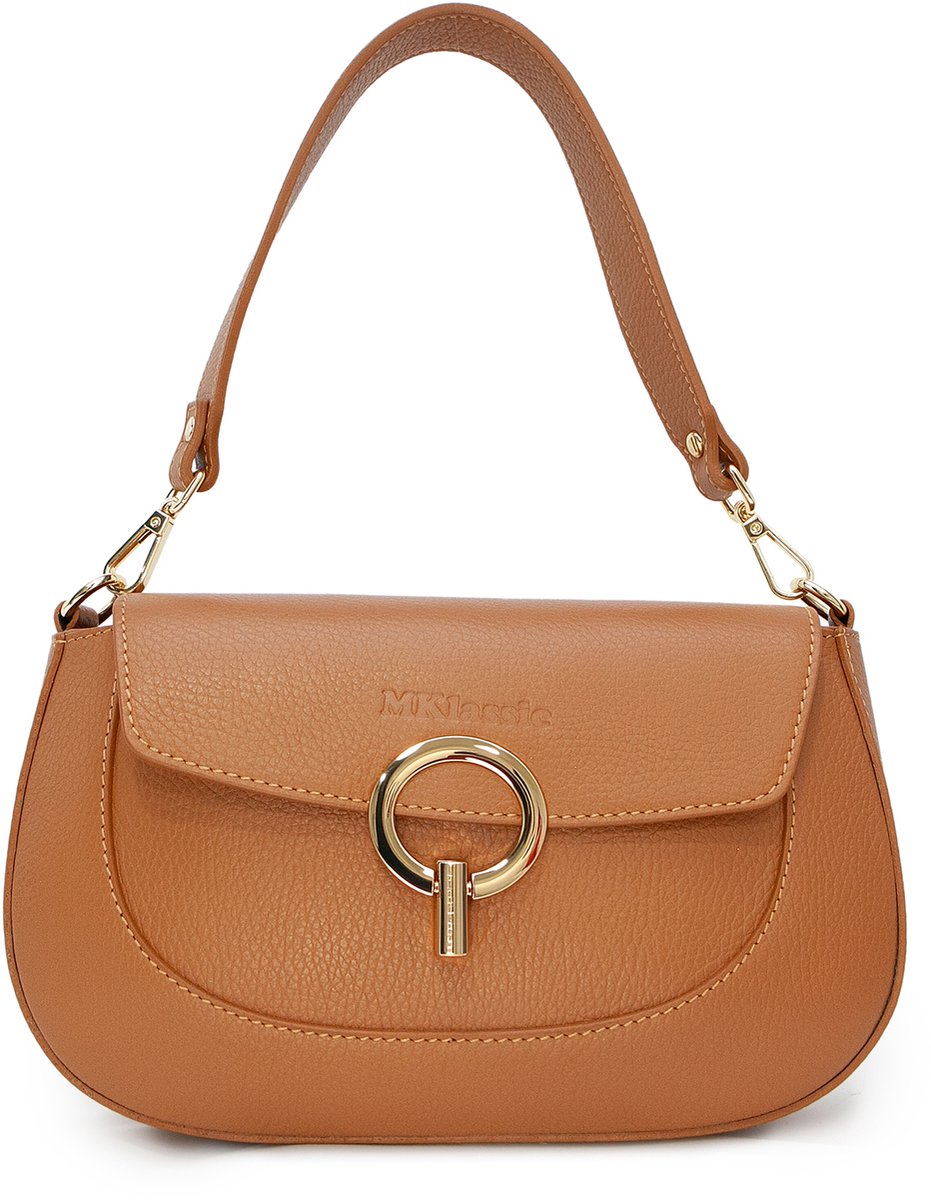 MKlassic Italiaanse damesleren handtas Bruin – Elegante schoudertas met Gouden accenten – Hoogwaardige schoudertas van echt rundleer voor dagelijks gebruik en zakelijk gebruik - Made in Italy - MK04-290-44