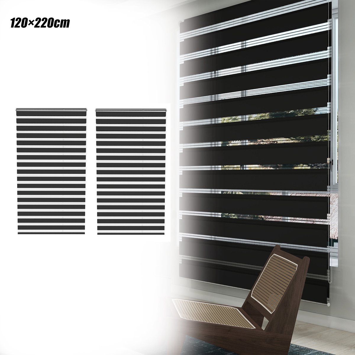 Aufun 2 Stuks Dubbele Verduisterende Rolgordijnen - Zwart 120x220cm - Clipmontage, Boren Niet Nodig, Eenvoudig Te installeren - Geschikt Voor Ramen En Balkondeuren