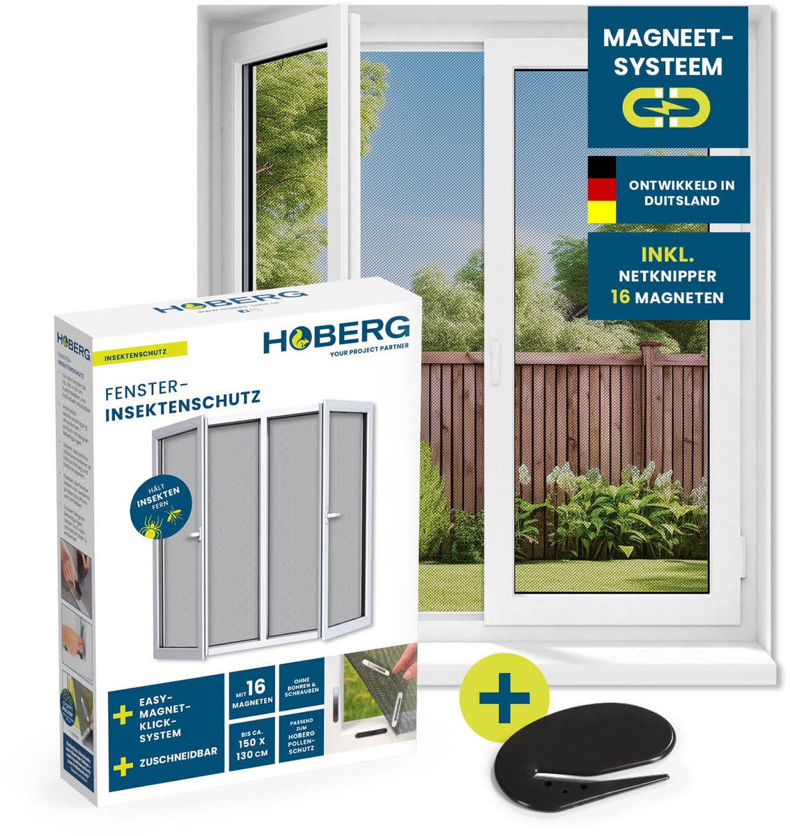 Hoberg vliegenhor met innovatieve magnetische bevestiging | Vliegenhor tot 150 x 130 cm, op maat te knippen, boren of schroeven niet nodig | Vliegenhor bevestigen met 16 magneten, zwart, 1 stuk