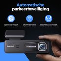 Zwarte dashcam met tekst "Automatische parkeerbeveiliging".