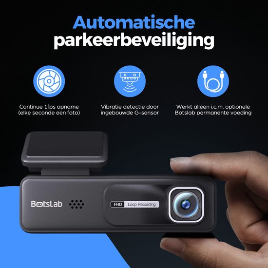 Zwarte dashcam met tekst "Automatische parkeerbeveiliging".