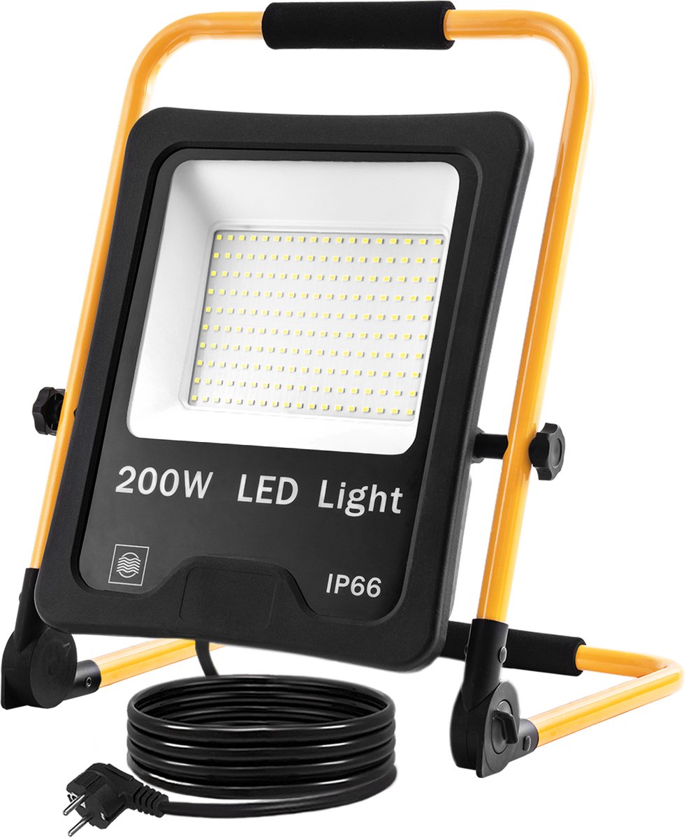 200W LED-bouwlamp, werklamp met 3 meter stroomkabel en U-vormig statief, schijnwerper voor binnen- en buitengebruik (warm wit) NAIZY