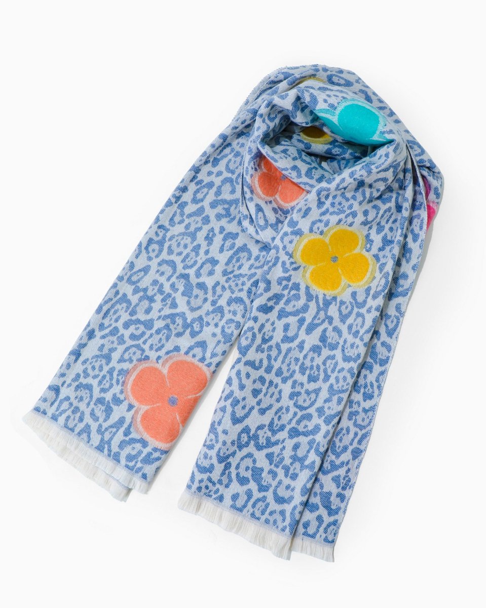 Nouka Blauwe Sjaal met Panterprint en Gekleurde Bloemen - Warme & Lichte Sjaal – met Print – Alle Seizoenen – 70 x 200 cm