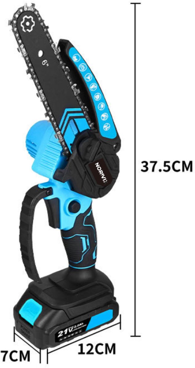 Norvix® Elektrische Mini Kettingzaag - Brushless Snoeizaag - 2 Geleiderail&2 Kettingen– 6 Inch - 2 Accu's - Automatische Smering - Inclusief opbergkoffer en overige accessoires - Blauw van Merkloos	 — afbeelding 2