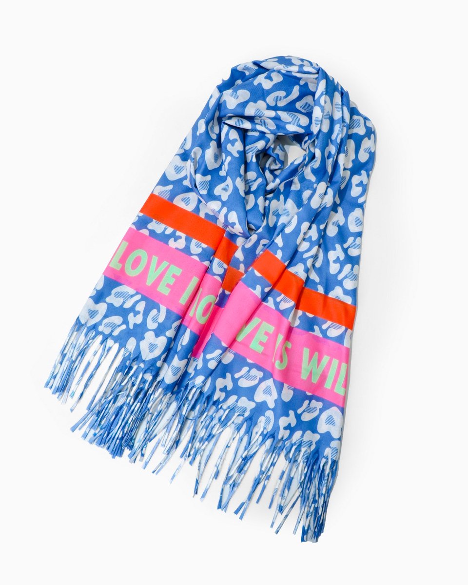 Nouka Blauwe Sjaal met Panterprint - Met Love tekst - Warme & Lichte Sjaal – Multicolor – Alle Seizoenen - 70 x 210 cm