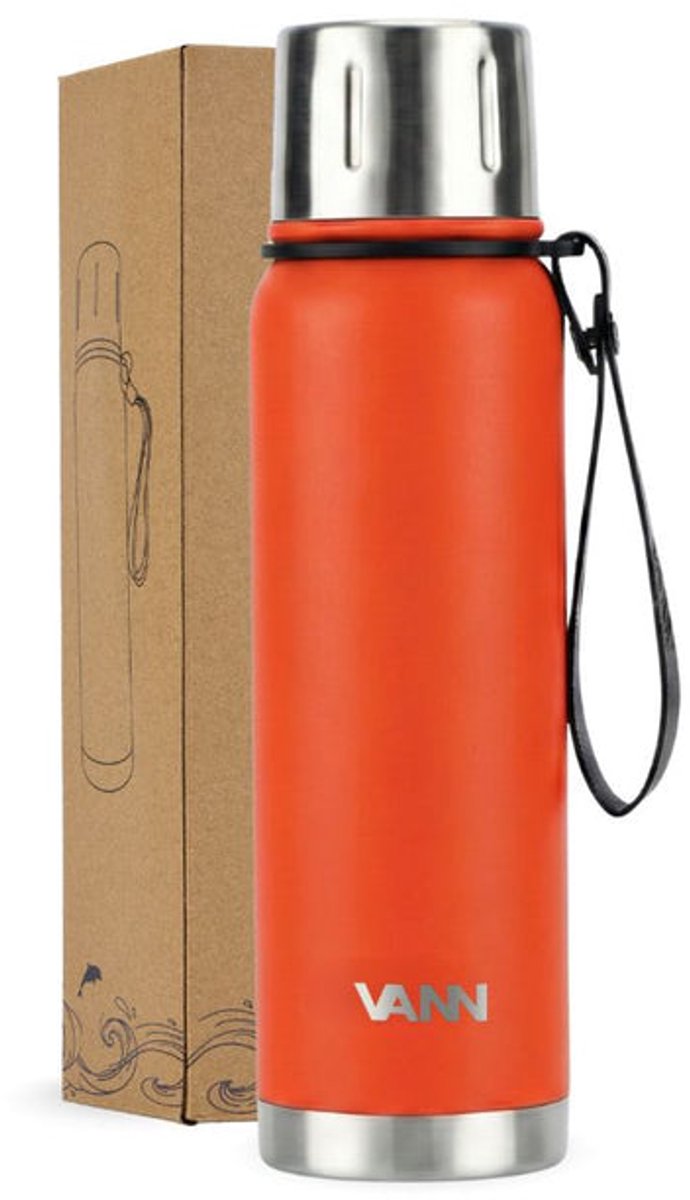 VANN® 3-wandige RVS thermosbeker 500ml - Luxe thermos voor Koffie & Thee - Thermosfles 24 uur koud en 12 uur warm - 100% Plasticvrij - Oranje