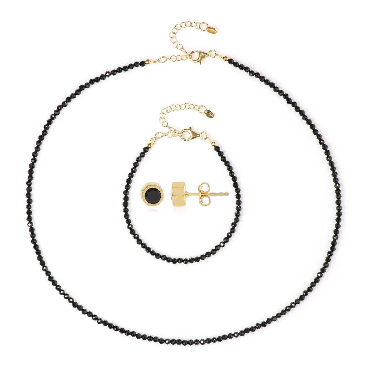 Cavill - Zilveren Set - 925 Sterling Zilver Verguld - Zwarte Spinel 43 923 ct - Ketting Armband Oorbellen - Elegante Ronde Facetten Sieraden