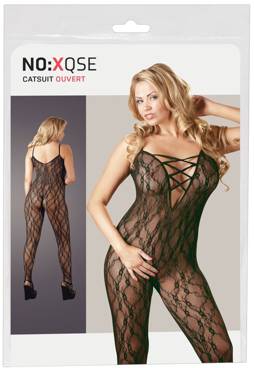 Mandy Mystery Lingerie – Sexy Catsuit Halter Model Klittenband met Vrije Borsten en Open Kruis – Maat XL / 2XL - Zwart