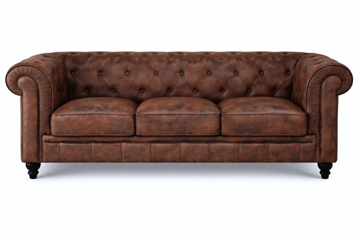 Chesterfield Bank - 3 Zits - Bruin Vintage - Bankstel - Leer - Chesterfield meubel - Sofa
