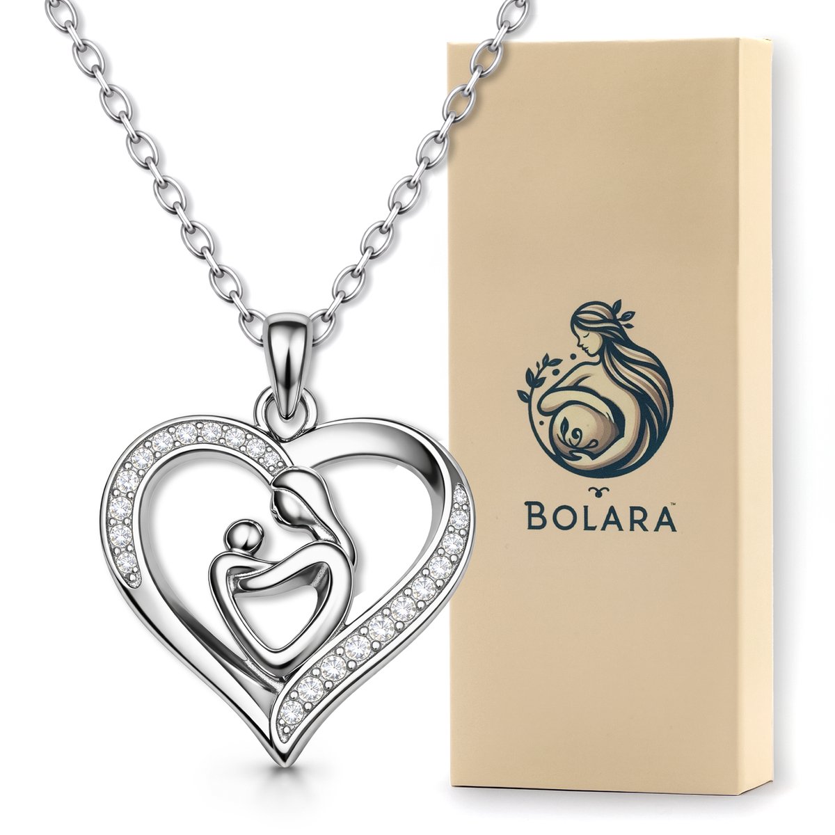 Bolara Moeder & Kind Ketting - 925 Sterling Zilver - Hart Hanger met Zirkonia - Zwangerschapsketting - Cadeau voor Moederdag - 45 + 5 cm