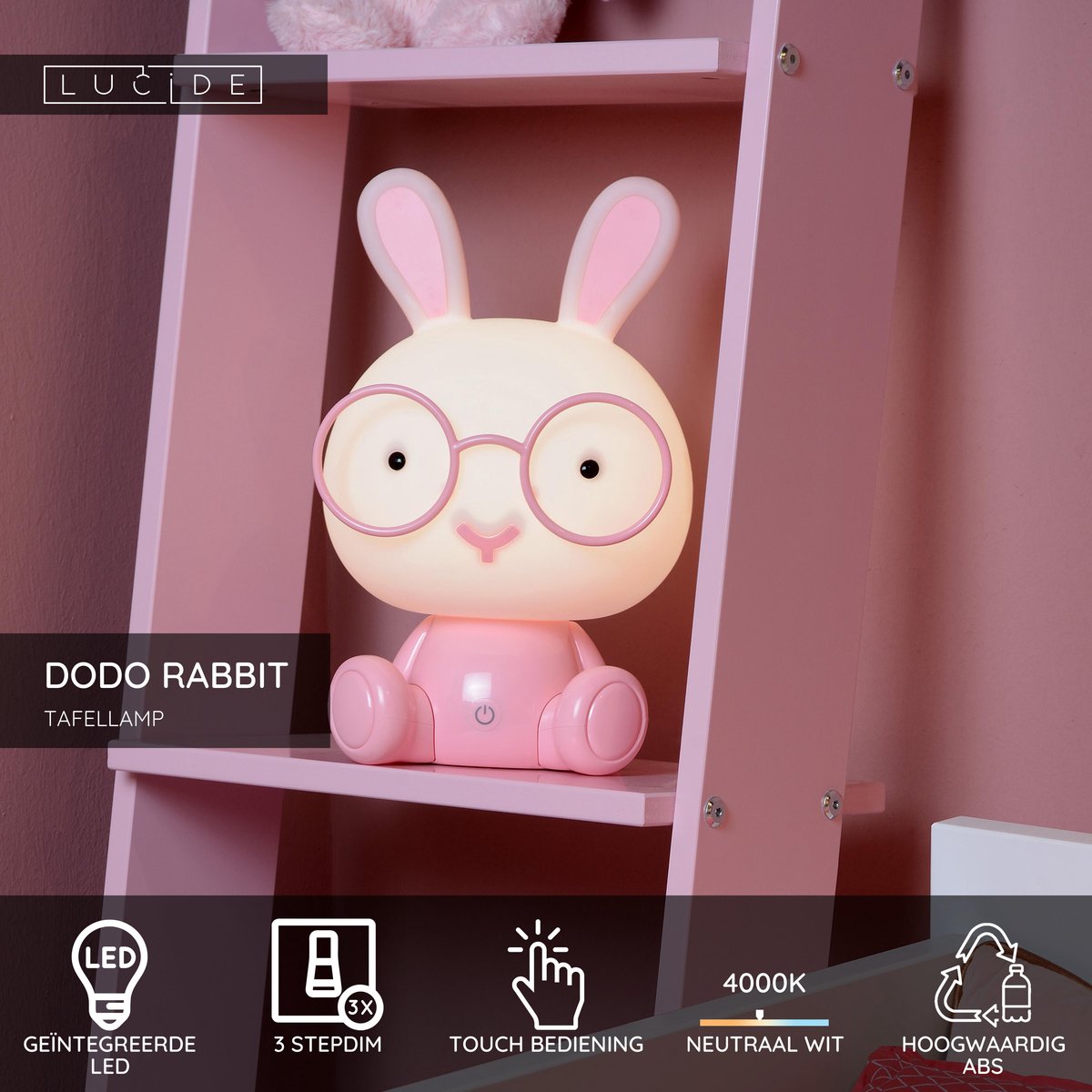 Lucide DODO Rabbit - Tafellamp Kinderkamer - LED Dimb. - 1x3W - 3 StepDim - Roze