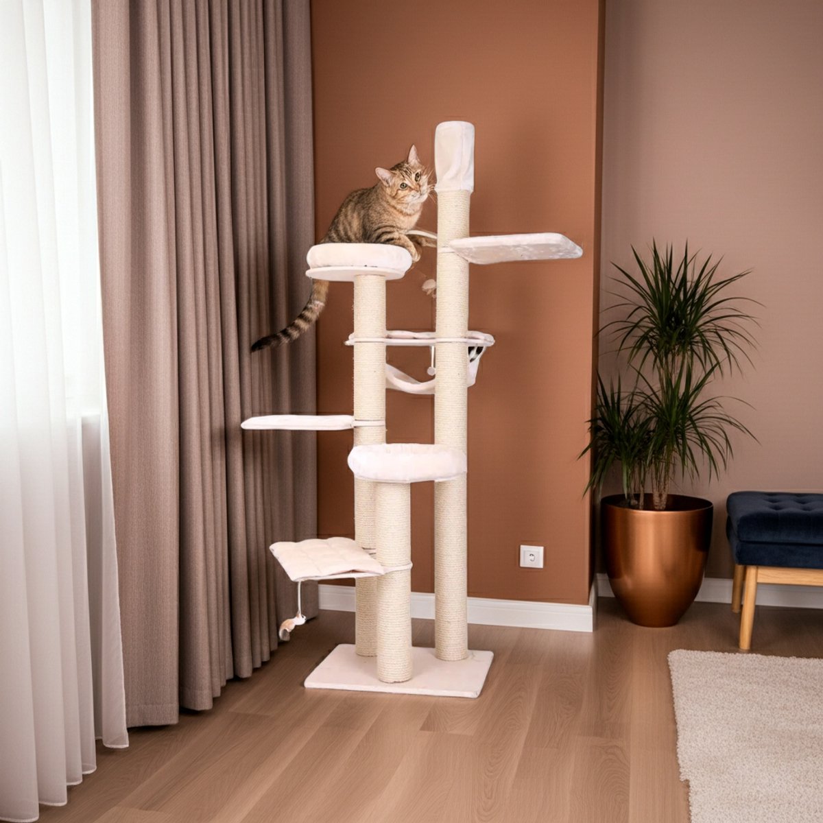 Krabpaal katten - beige - krabmeubel - krabpaal groot - kattenmeubel - 6 Niveaus en totaal 7 ligplekken – foto 3