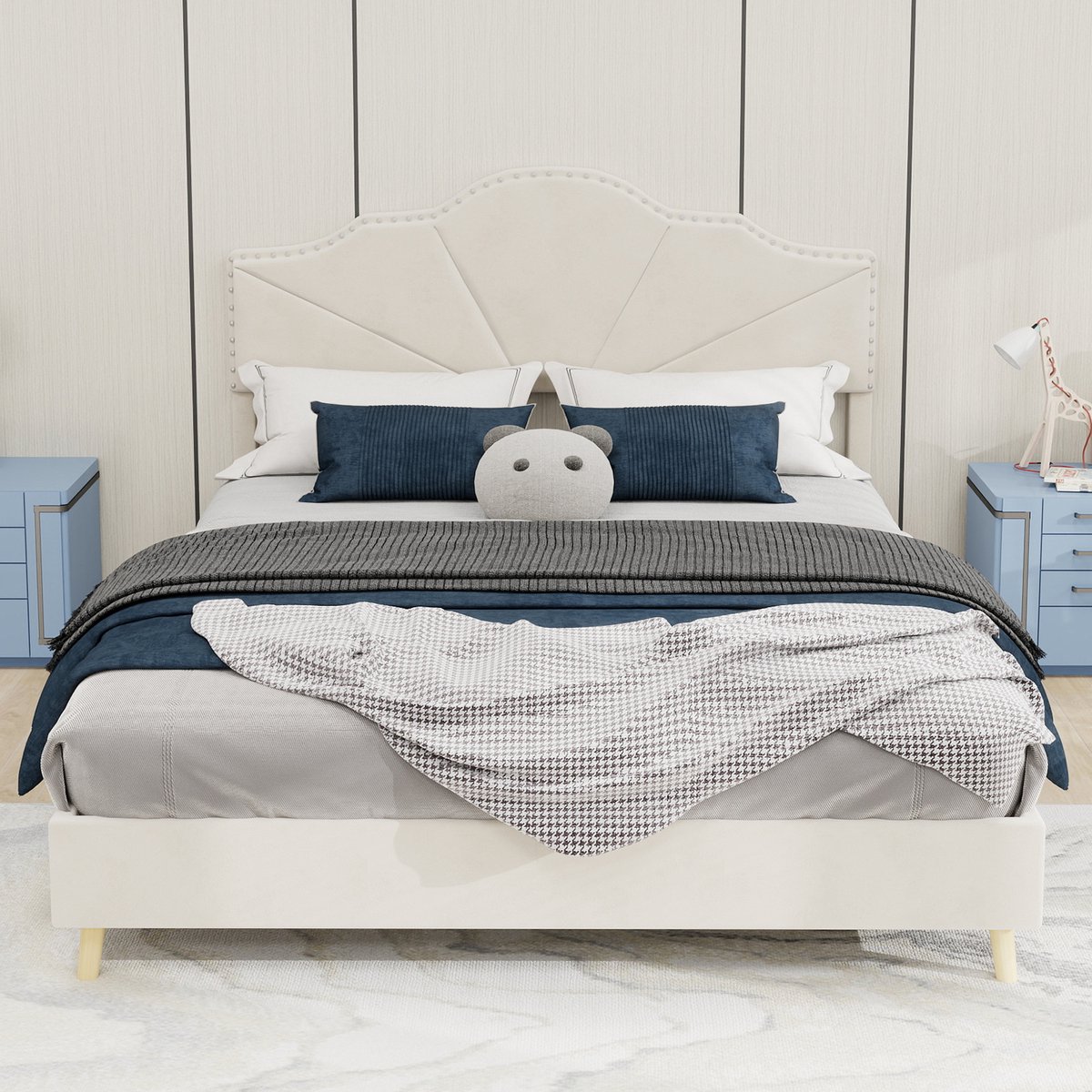Wishdor Gestoffeerd Bedframe – 140 x 200 cm – Geometrisch Hoofdbord met Siernagels – Stof en Metaal Beige – Lattenbodem met Vochtbescherming – Zachte Hollandse Wol – Stijlvol voor Moderne Slaapkamer – Eenvoudige Montage