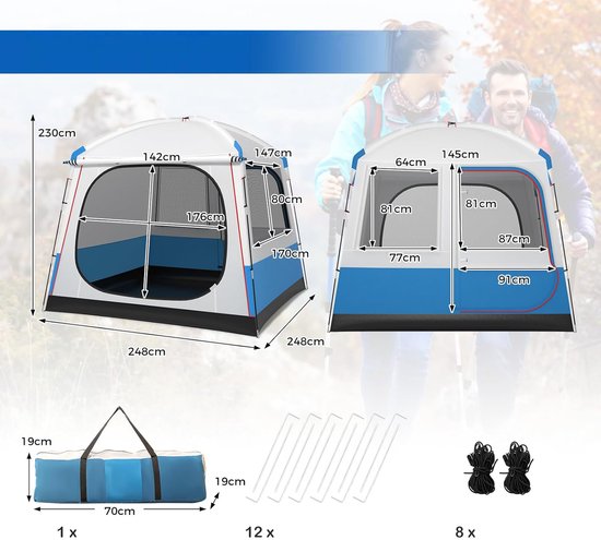 KOMFOTTEU Campingtent, waterdicht, voor 4-5 personen, koepeltent, groot met netdeur en netramen, groepstent familietent, draagbaar, met tas, outdoor tent voor reizen, trekking, kamperen van Merkloos — afbeelding 3