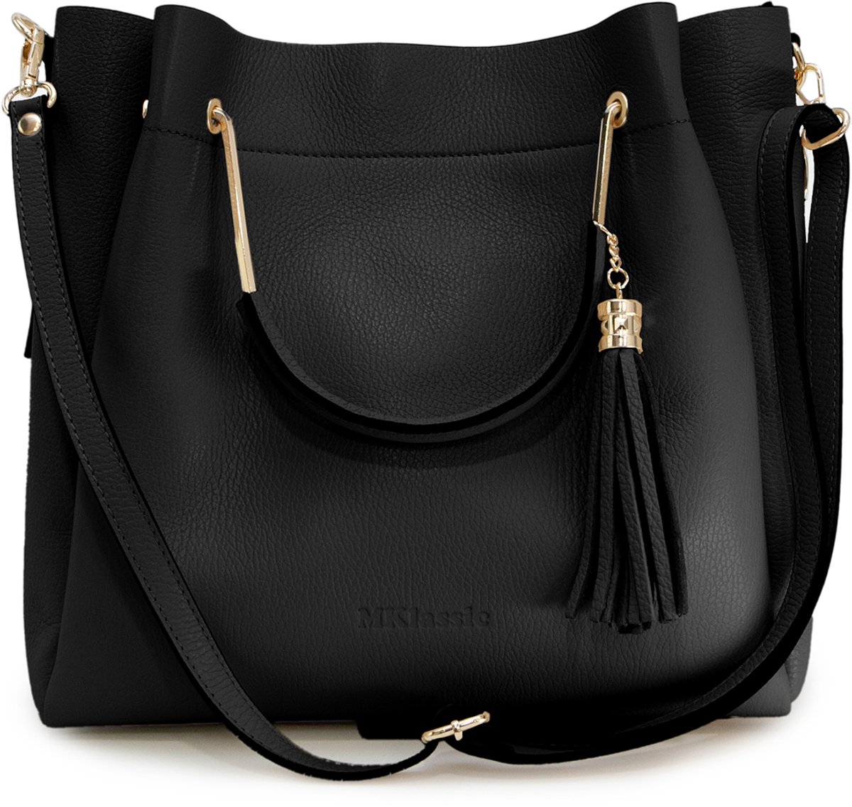 MKlassic Italiaanse damesleren handtas Zwart – Elegante schoudertas met kwastje en gouden accenten – Hoogwaardige schoudertas van echt rundleer voor dagelijks gebruik en zakelijk gebruik - Made in Italy - MK03-320-28