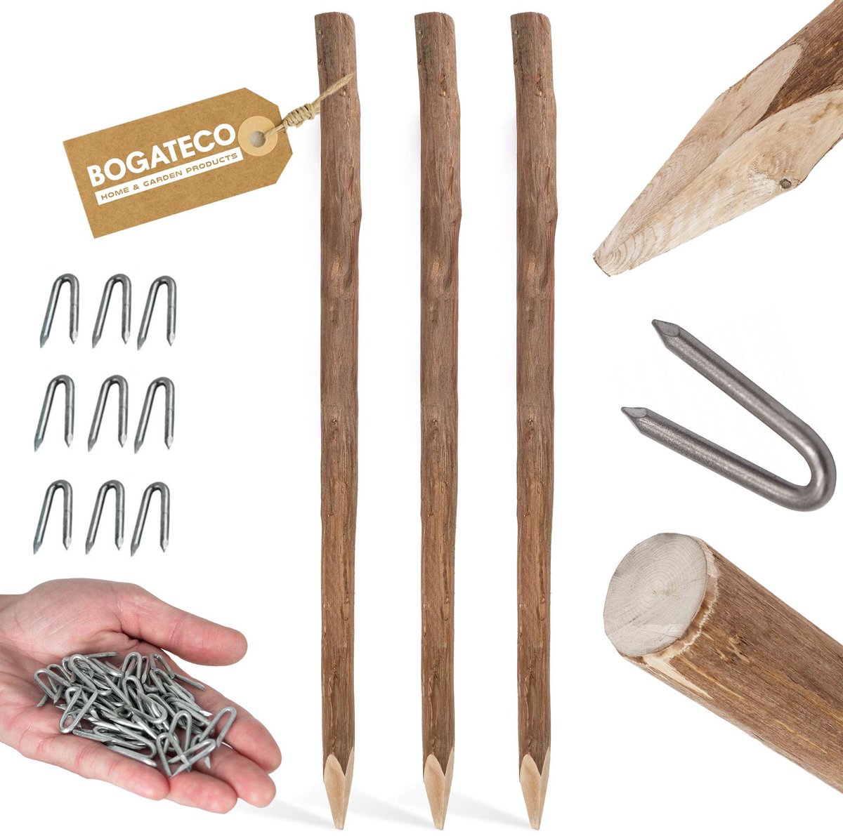 BOGATECO 3 x Hazelnoothouten schuttingpalen | Hoogte 180 cm | Puntige houten palen | Set van 3 | Schuttingpalen, houten palen, ronde houten palen | Houten paal voor boerderijschuttingen, tuinschuttingen