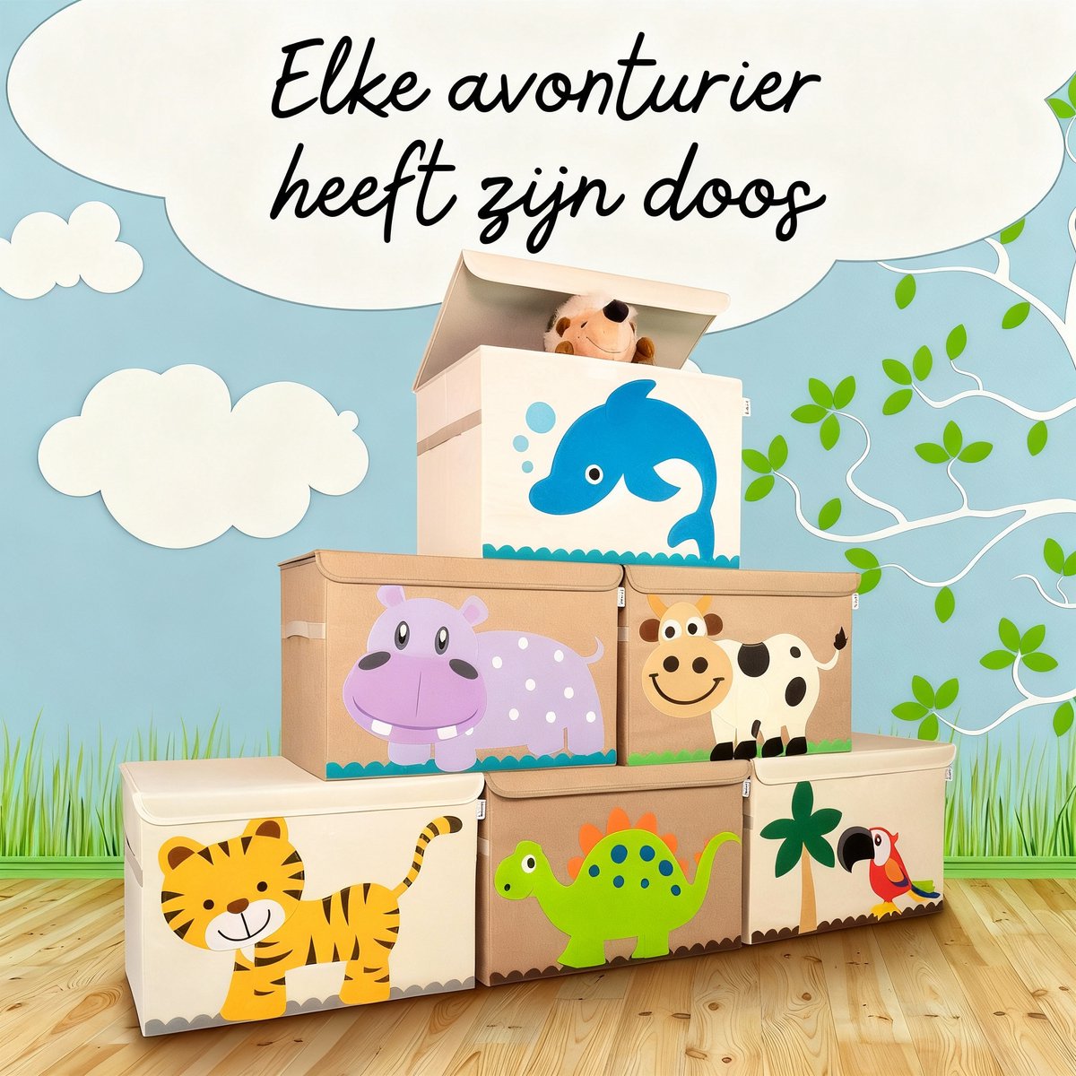 Opbergdoos van stof voor kinderen groot model "Tijger" met deksel Lifeney