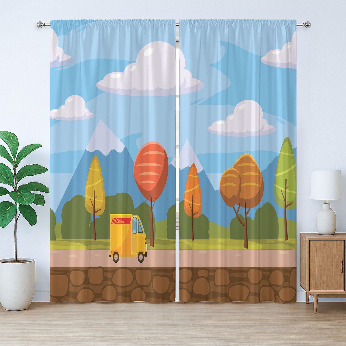 ABAKUHAUS Vintage Trucks Rustiek Gordijn, Herfstbomen en Auto, Gordijn met Plooiing, Lussen en Haken, 280 x 225 cm, Licht Hemelsblauw Meerkleurig