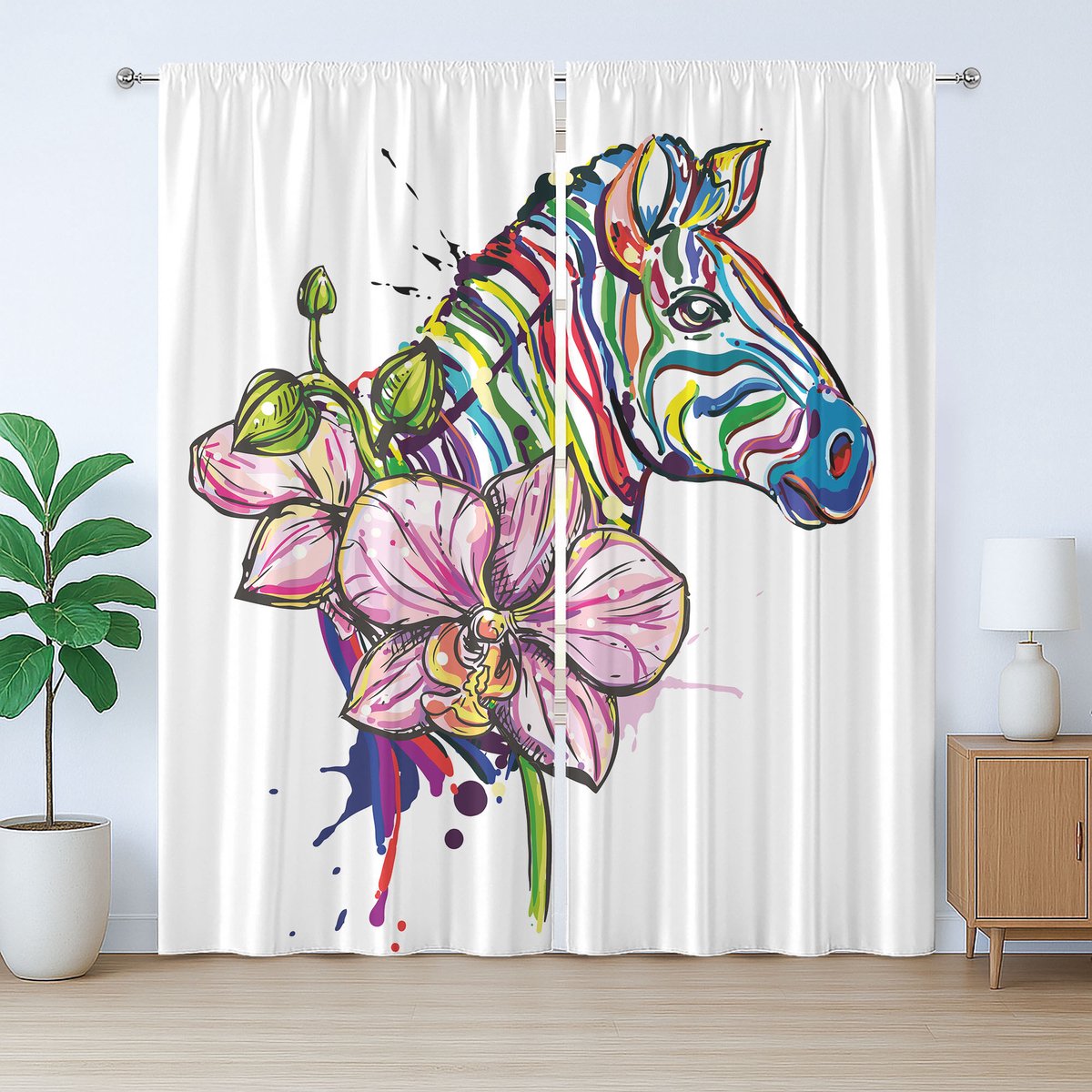 ABAKUHAUS Regenboog Zebra Rustiek Gordijn, Dieren Orchidee Ink Kunst, met Bandjes voor de Woonkamer met Lussen en Haken, 280 x 175 cm, Multicolor