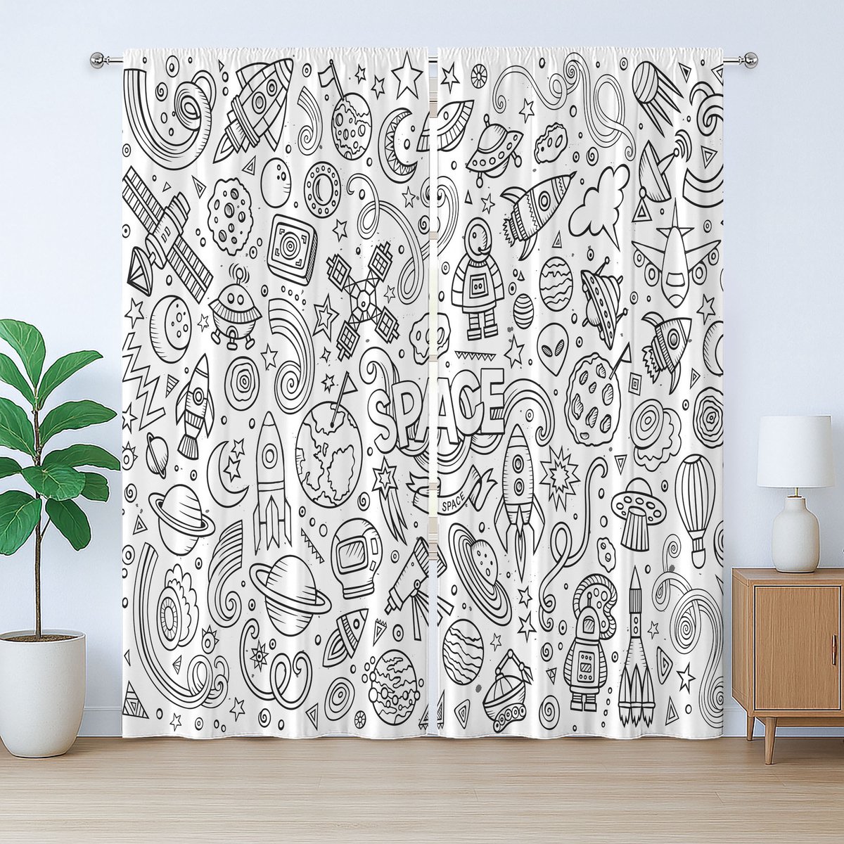 ABAKUHAUS Rustiek gordijn voor de kleuterschool, Astro Sketch Planeten, met lussen en haken voor de woonkamer, 280 x 175 cm, Wit en Zwart