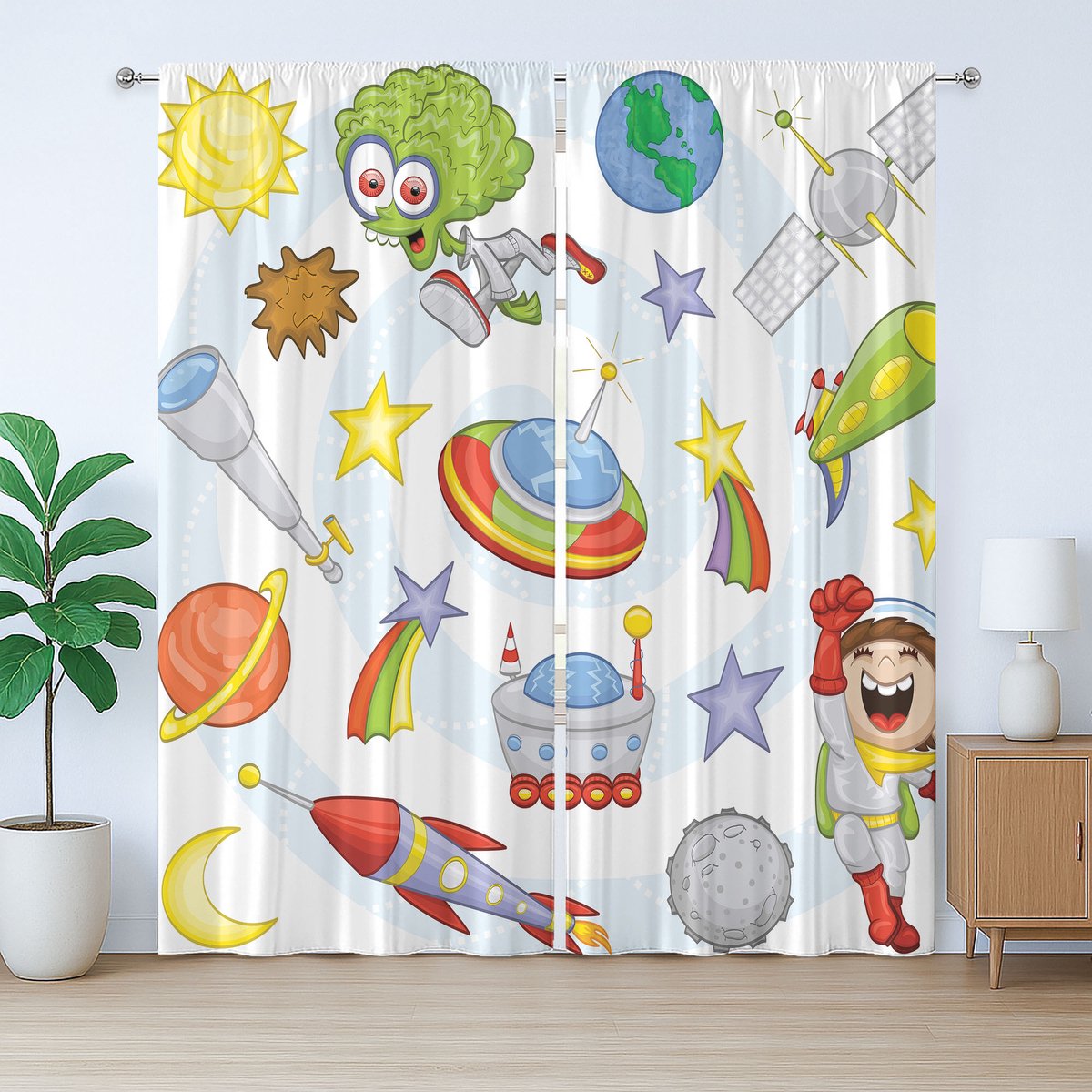 ABAKUHAUS Cartoon Rustiek Gordijn, Kinderkamer Ruimte Aarde, met Bandjes, Lusjes en Haken voor de Woonkamer, 280 x 175 cm, Violet Rood Groen