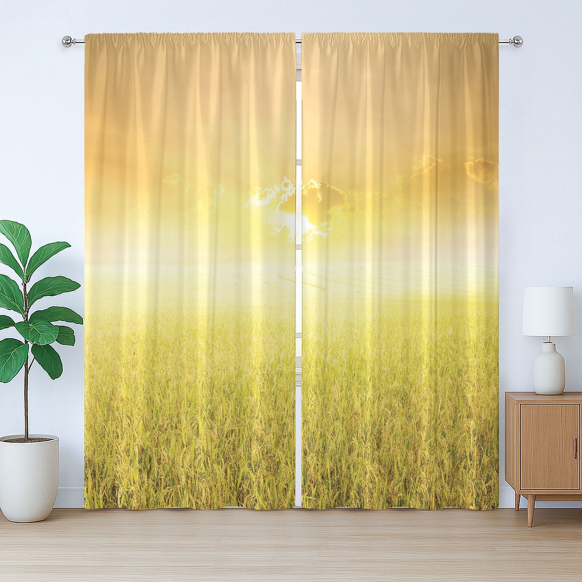 ABAKUHAUS Geel Rustiek Gordijn, Landelijk Veld, Slaapkamer Gordijn met Plooiing, Lusjes en Haken, 280 x 245 cm, Beige Geel