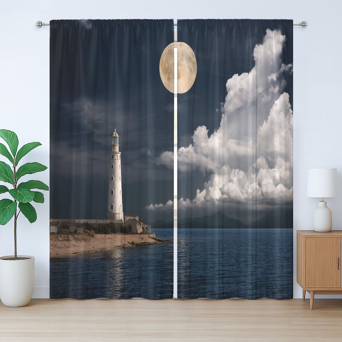 ABAKUHAUS Kleurrijk rustiek gordijn, Maanlicht Eiland Zee, met lussen en haken voor de woonkamer, 280 x 225 cm, Meerkleurig