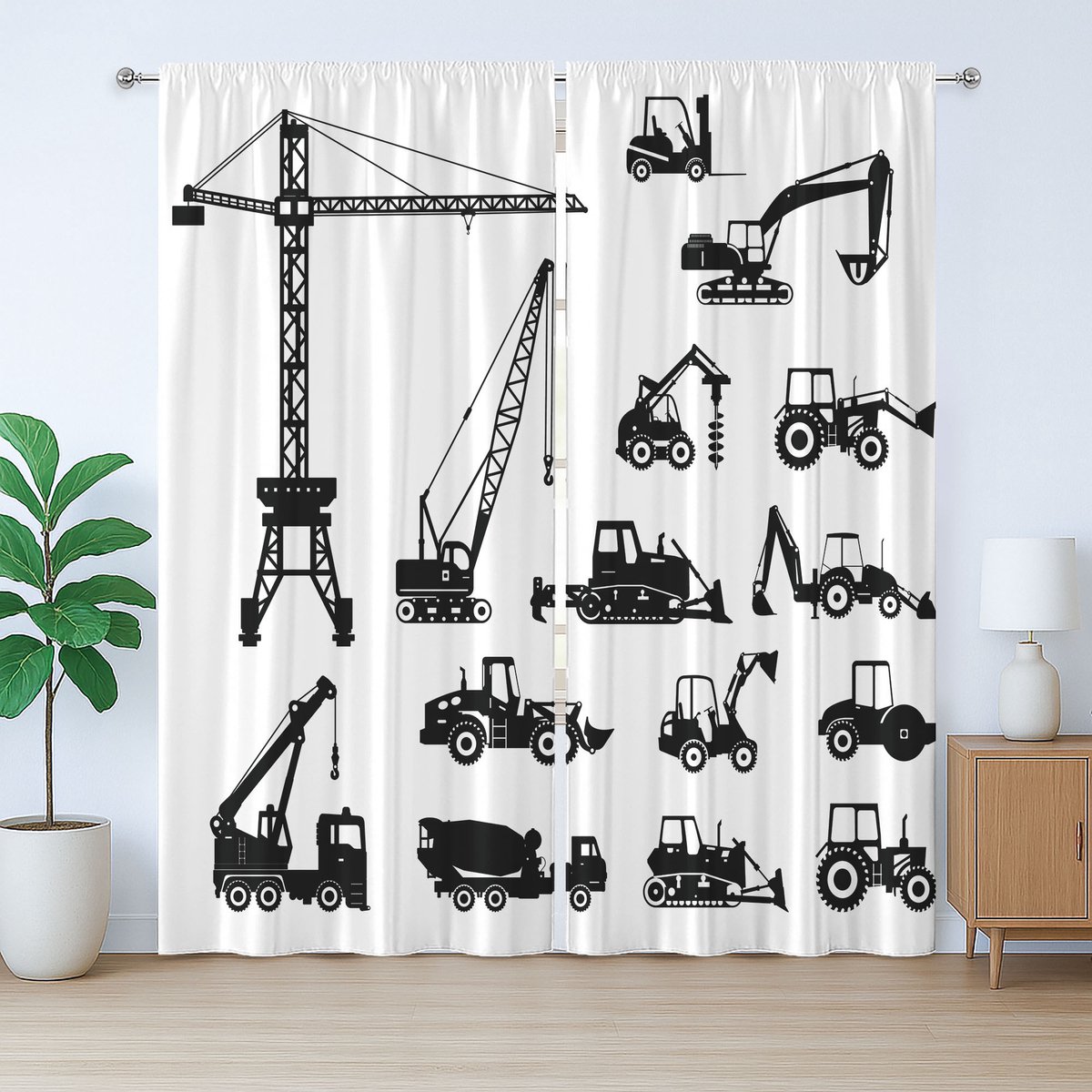 ABAKUHAUS Rustiek Bouwgordijn, Zwarte Vrachtwagens Set, Slaapkamergordijn met Plissébanden, Lussen en Haken, 280 x 260 cm, Wit Zwart