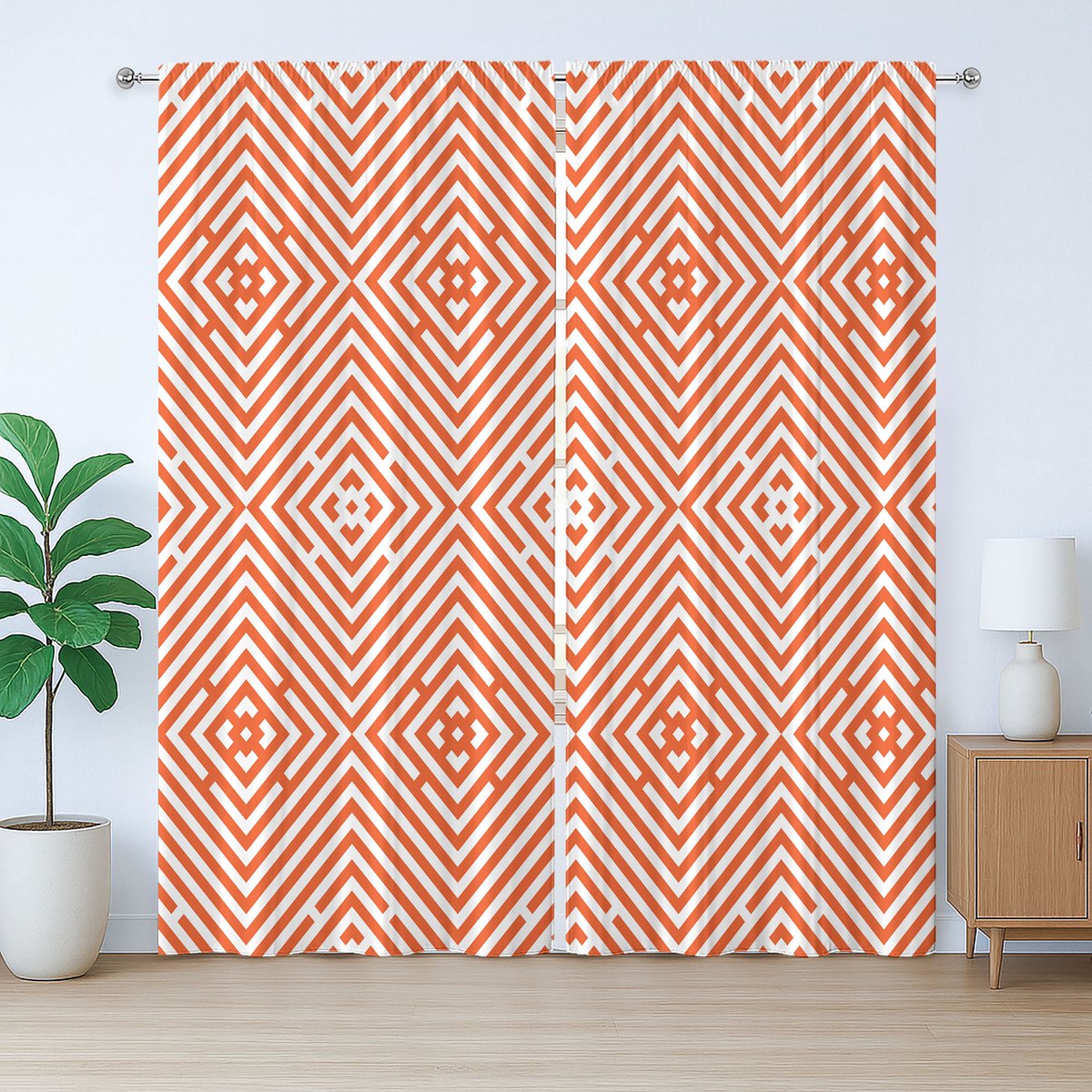 ABAKUHAUS Rustiek Gordijn in Brandoranje, Ruitvormig Patroon, met Bandjes voor de Woonkamer met Lussen en Haken, 280 x 175 cm, Brandoranje en Wit