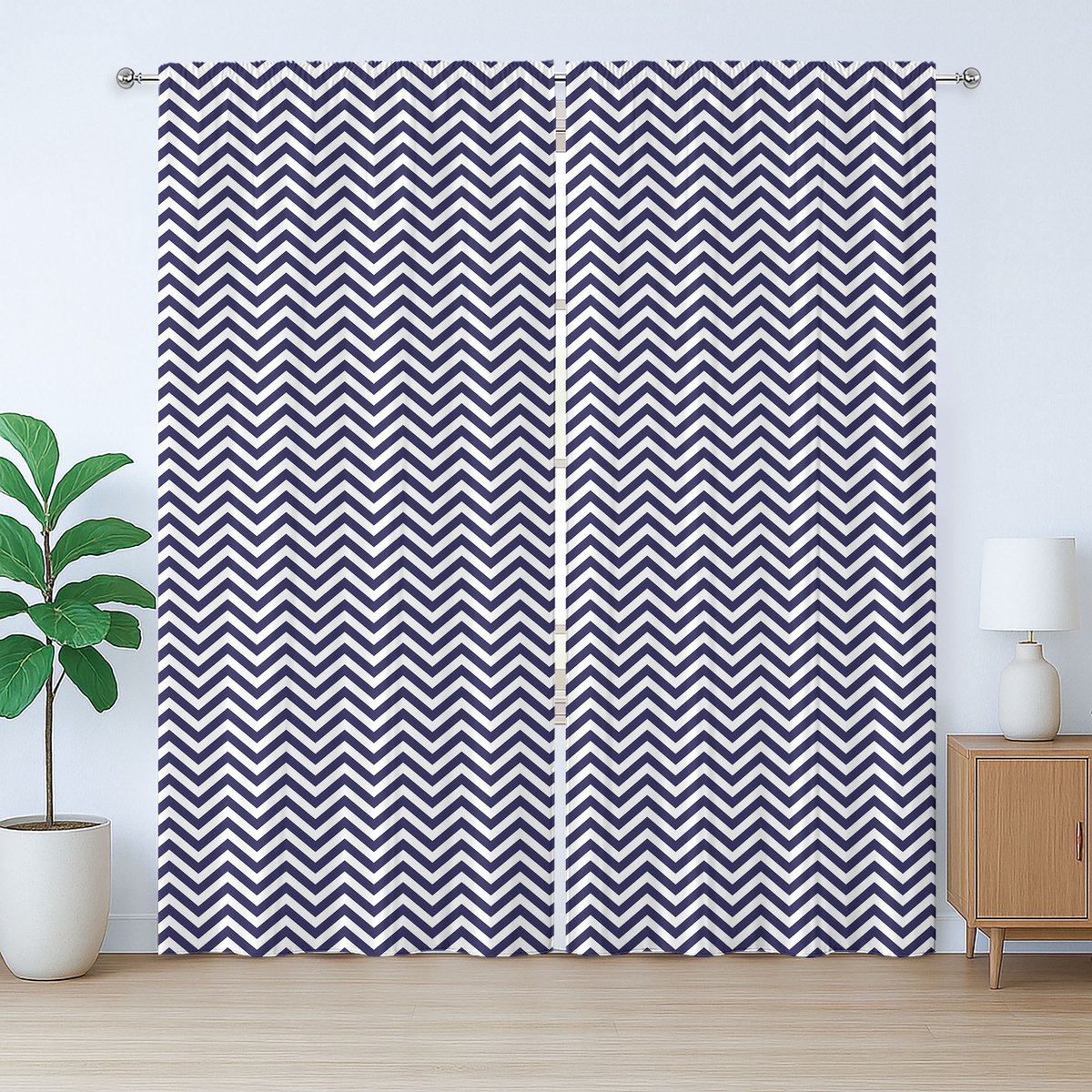 ABAKUHAUS Marineblauwe rustieke gordijnen, chevronpatroon in marineblauw, met lussen en haken voor de woonkamer, 280 x 175 cm, marineblauw wit