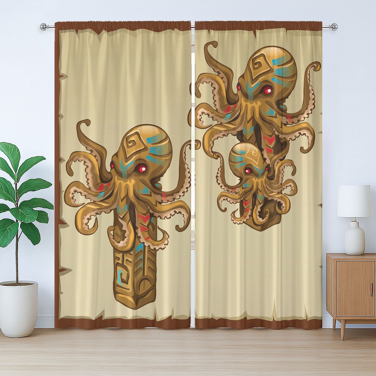 ABAKUHAUS Rustiek Inktvisgordijn, Octopusontwerp in cartoonstijl, met lussen en haken voor de woonkamer, 280 x 175 cm, Bruin