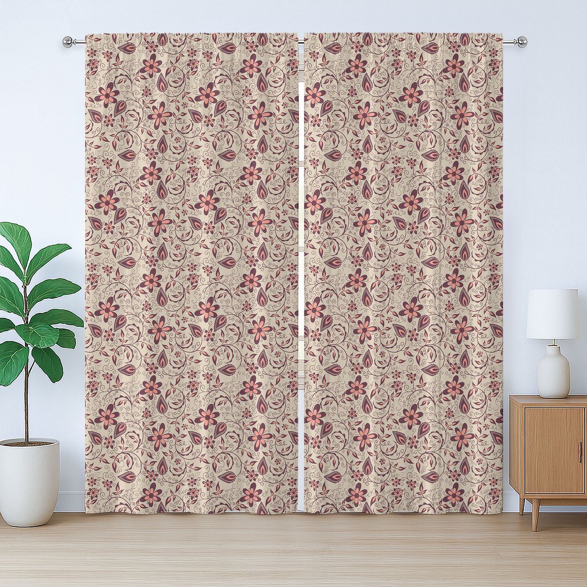ABAKUHAUS Rustiek gordijn met bloemenprint, bloeiende lente retro, slaapkamergordijn met lussen en haken, 280 x 245 cm, beige koraal bordeauxrood