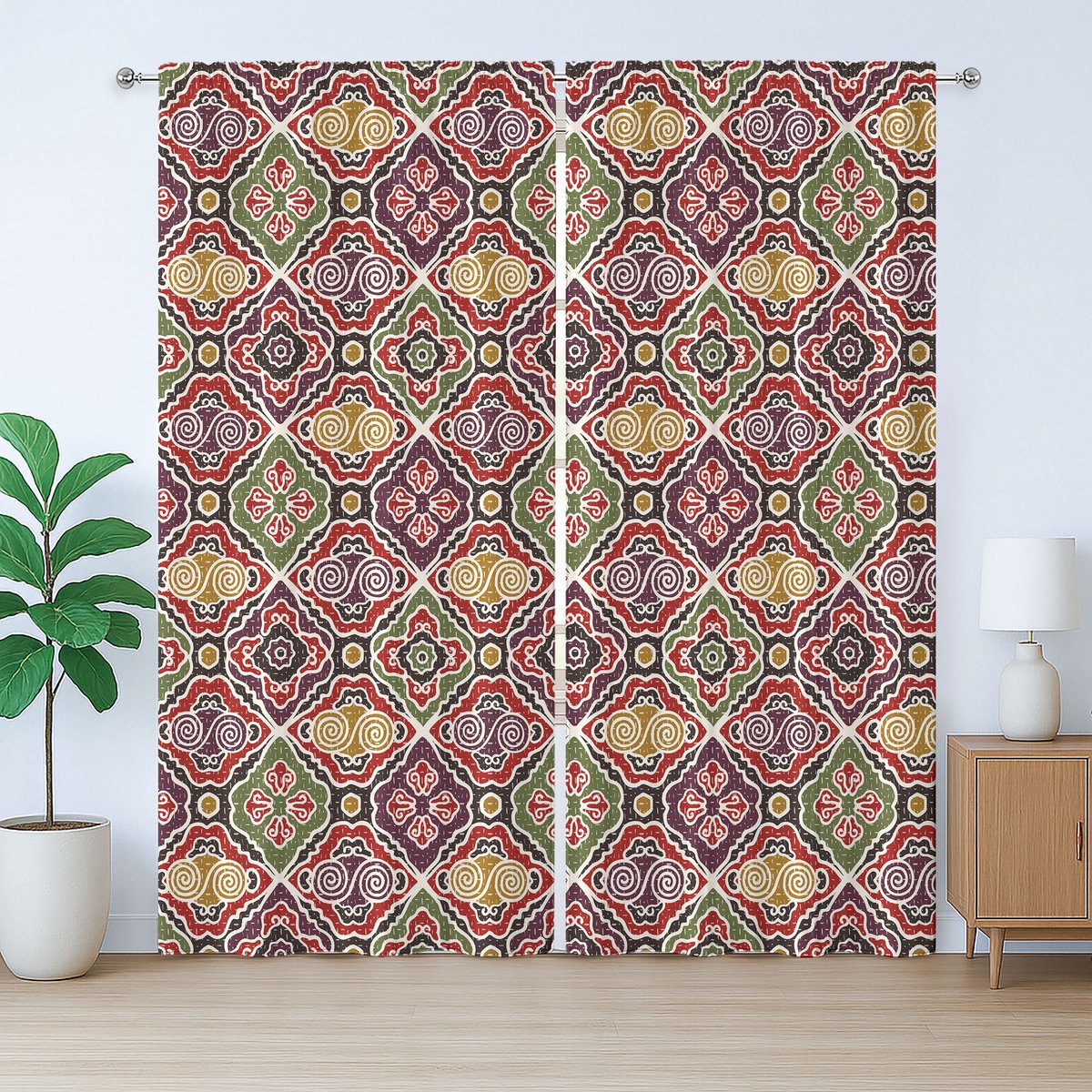 ABAKUHAUS Japanse rustieke gordijnen, antieke motieven, slaapkamergordijn met plooien, lussen en haken, 280 x 245 cm, rood, geel, groen