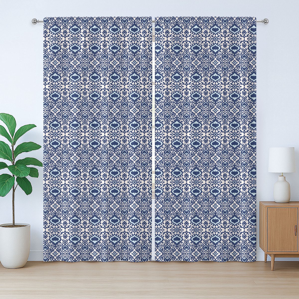 ABAKUHAUS Oriëntaals rustiek gordijn, traditioneel ikat-geïnspireerd, met lussen en haken, 280 x 245 cm, nachtblauw licht eierschaal