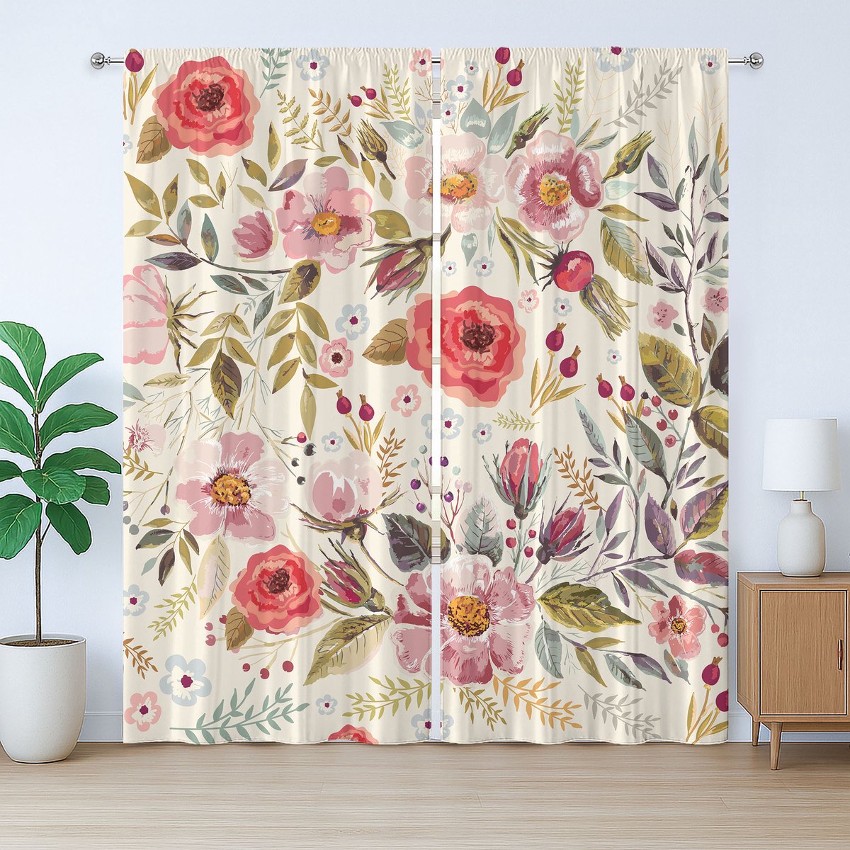 ABAKUHAUS Kleurrijk rustiek gordijn, abstract bloemenpatroon met rozen, met lussen en haken voor de woonkamer, 280 x 175 cm, veelkleurig