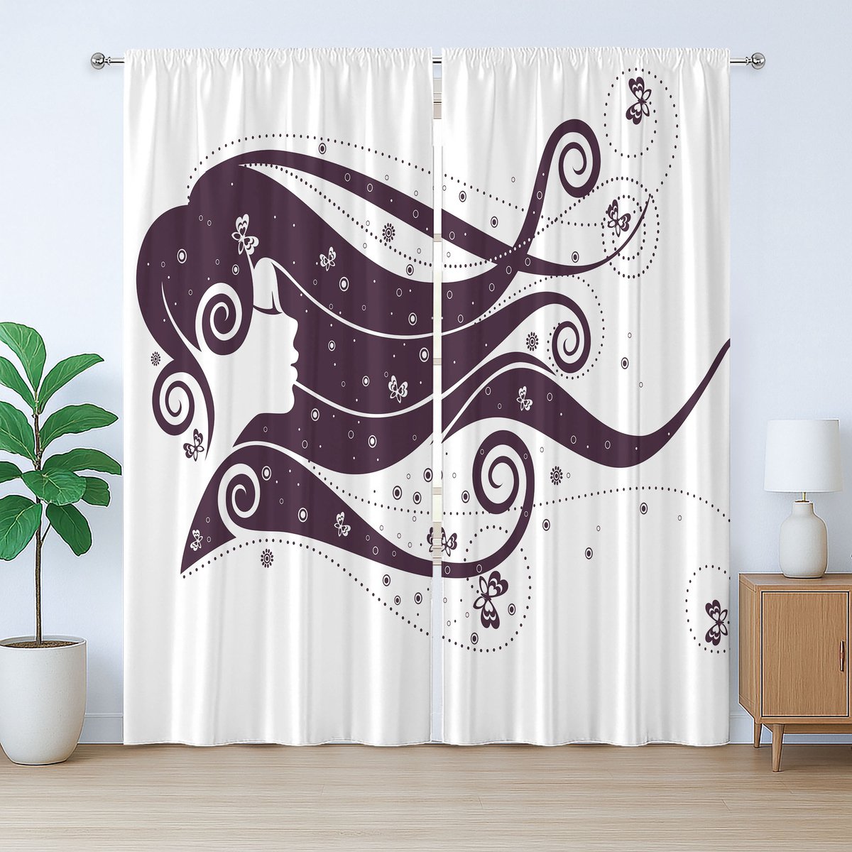 ABAKUHAUS Retro Rustiek Gordijn, Abstract Fantasieportret, Slaapkamergordijn met Plooiing, Lussen en Haken, 280 x 260 cm, Aubergine en Wit