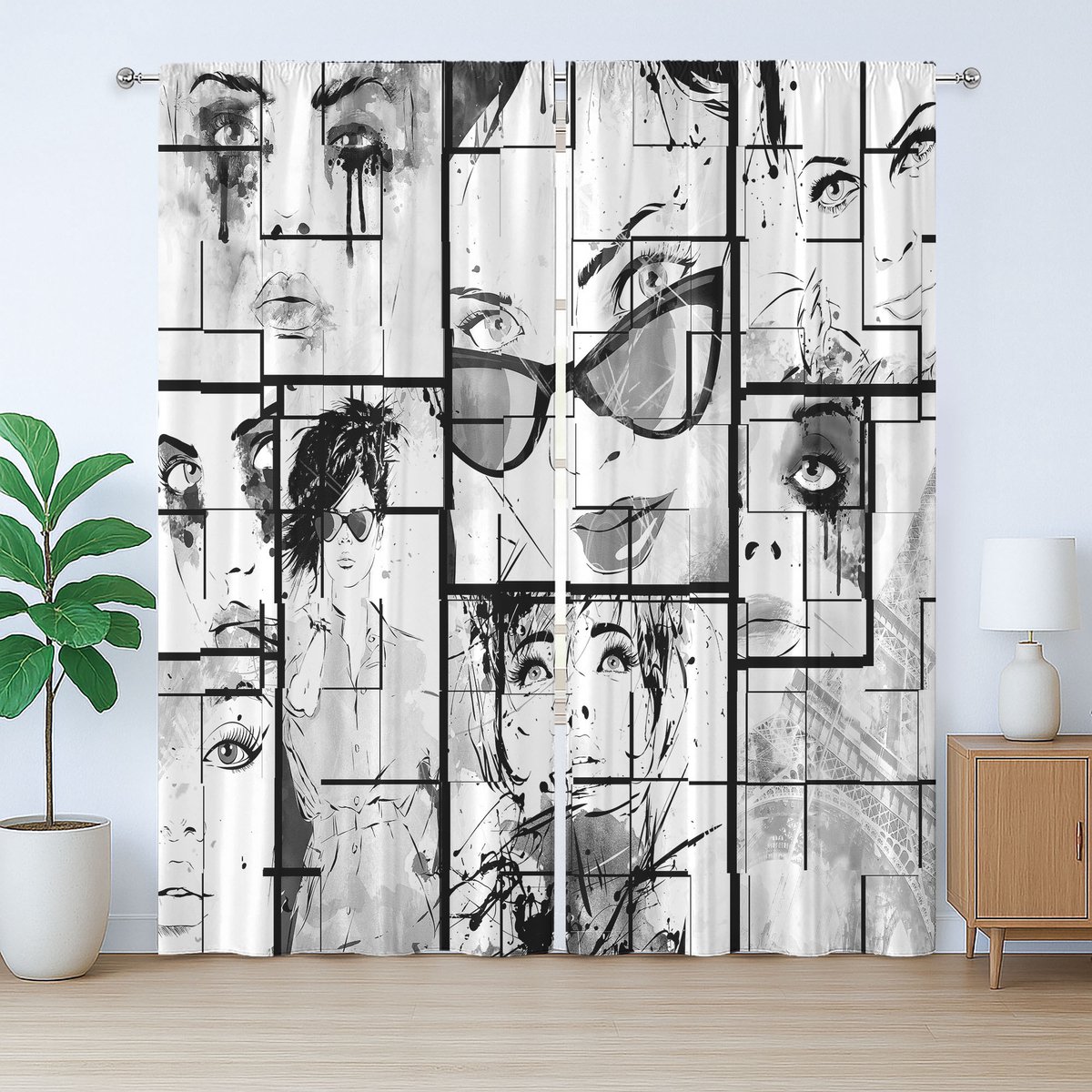 ABAKUHAUS Eiffeltoren rustiek gordijn, modern Parijs meisjeskamergordijn met geplooide band, lussen en haken, 280 x 245 cm, zwart wit grijs
