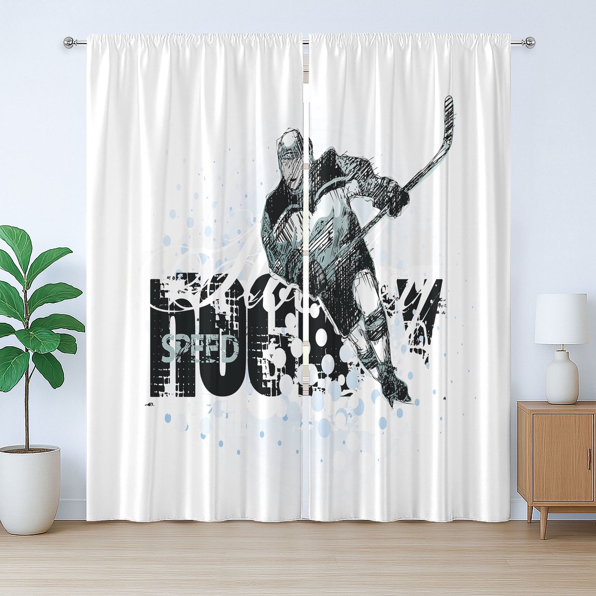 ABAKUHAUS Rustiek ijshockeygordijn, grunge spelersschets, slaapkamergordijn met plooien en haken, 280 x 225 cm, zwart wit lichtblauw
