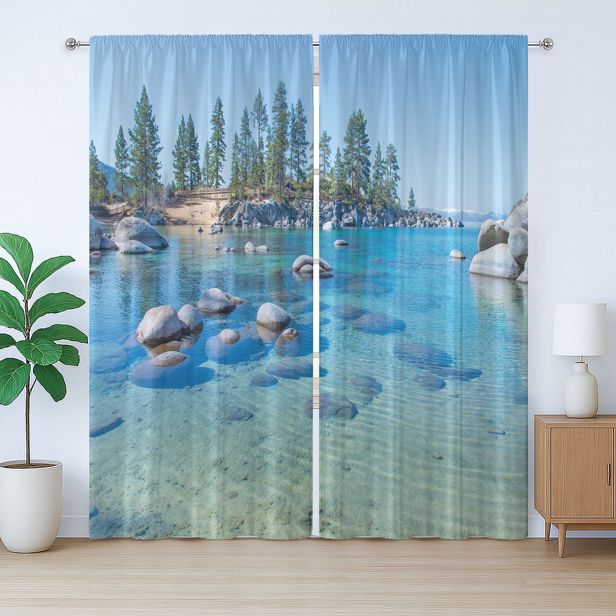ABAKUHAUS Rustiek Landschap Gordijn, Rustgevende Waterrots, met Bandjes en Haakjes voor de Woonkamer, 280 x 245 cm, Blauw Grijs Groen Grijs