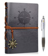 Goodz4All Vintage Lederen Notitieboek met Pen - Schetsboek Notebook - Travel Journal Refill Grijs-Reis Dagboek Retro met Blanco Papier Navulbaar A5