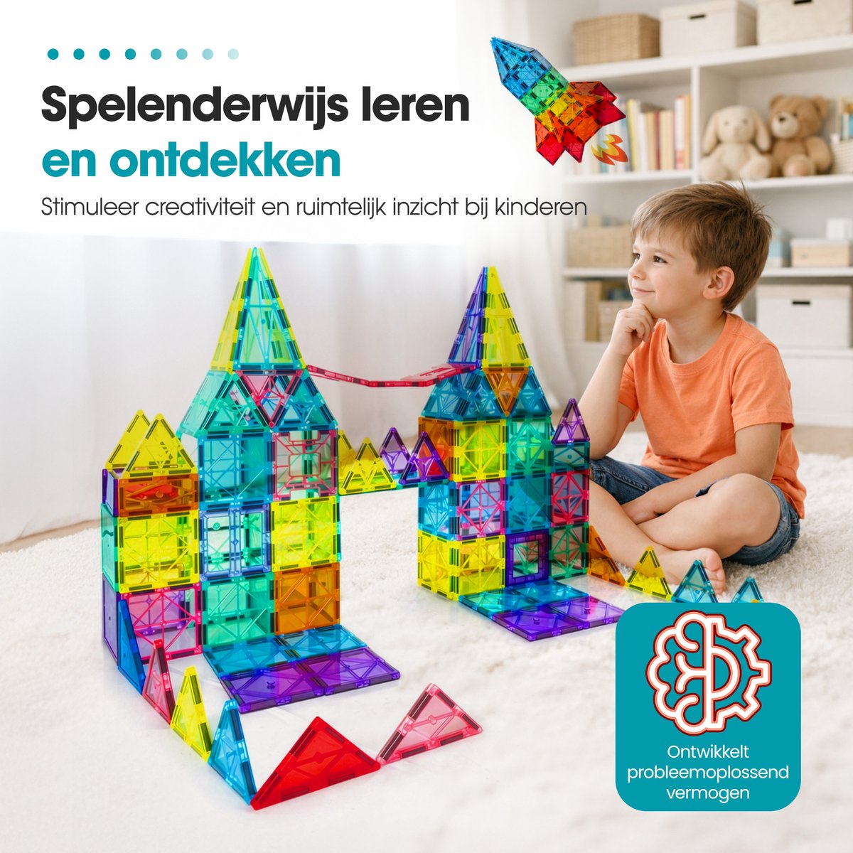 Magnetic tiles - XL 129 stuks - Magnetische tegels - Speelgoed - Magneet tegels - Montessori - Bouwstenen - Travel set - Constructiespeelgoed - Met 4 magna poppetjes — afbeelding 6