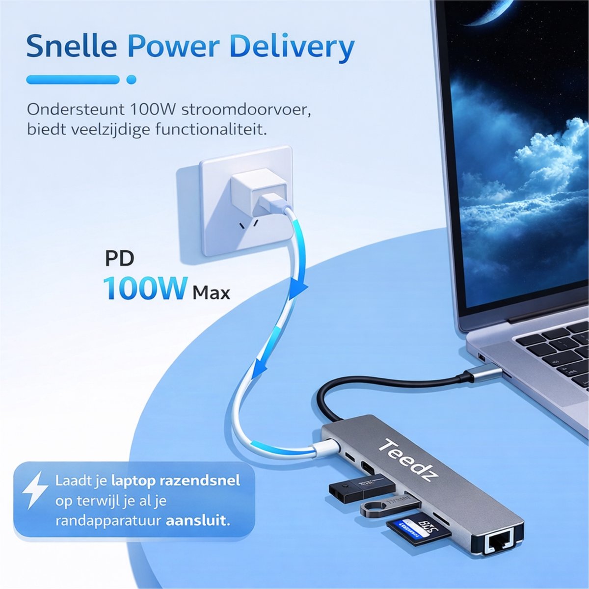 USB-C Hub 8-in-1 met HDMI 4K, Ethernet RJ45, 100W opladen, USB 3.0, SD/TF kaartlezer voor laptop/tablet - Afbeelding 5